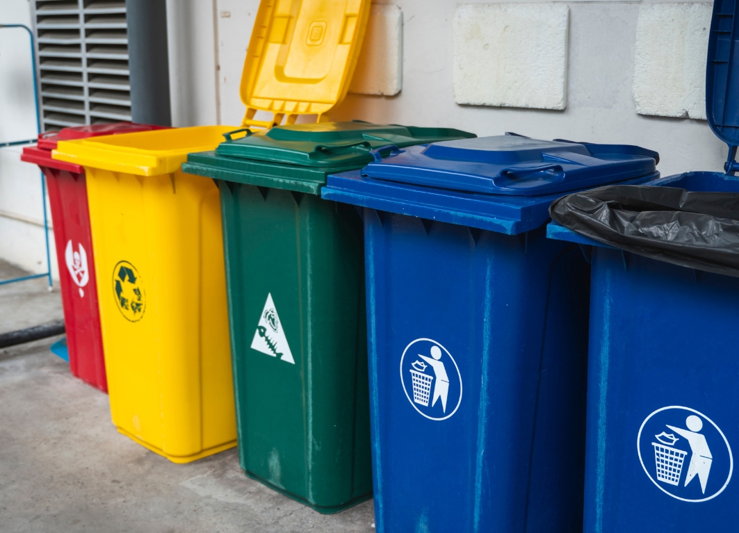 waste sorting stations with bins clearly labelled for recycling, composting or general waste.