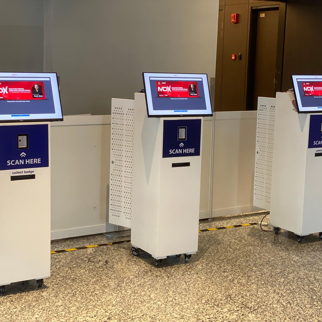 badge printing kiosks on display at the event venue