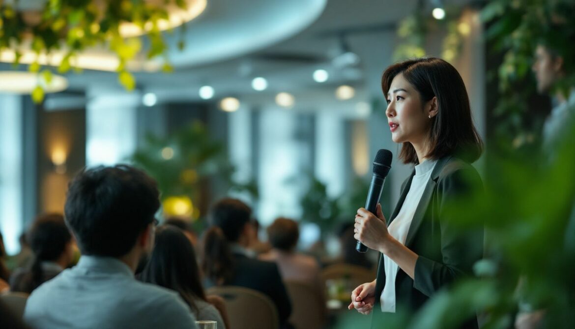 An East Asian woman delivers a keynote speech on sustainable practices at a corporate event.