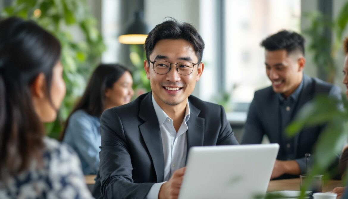 A middle-aged man in a business suit discusses sustainable event management with a diverse team in a modern, eco-friendly office.